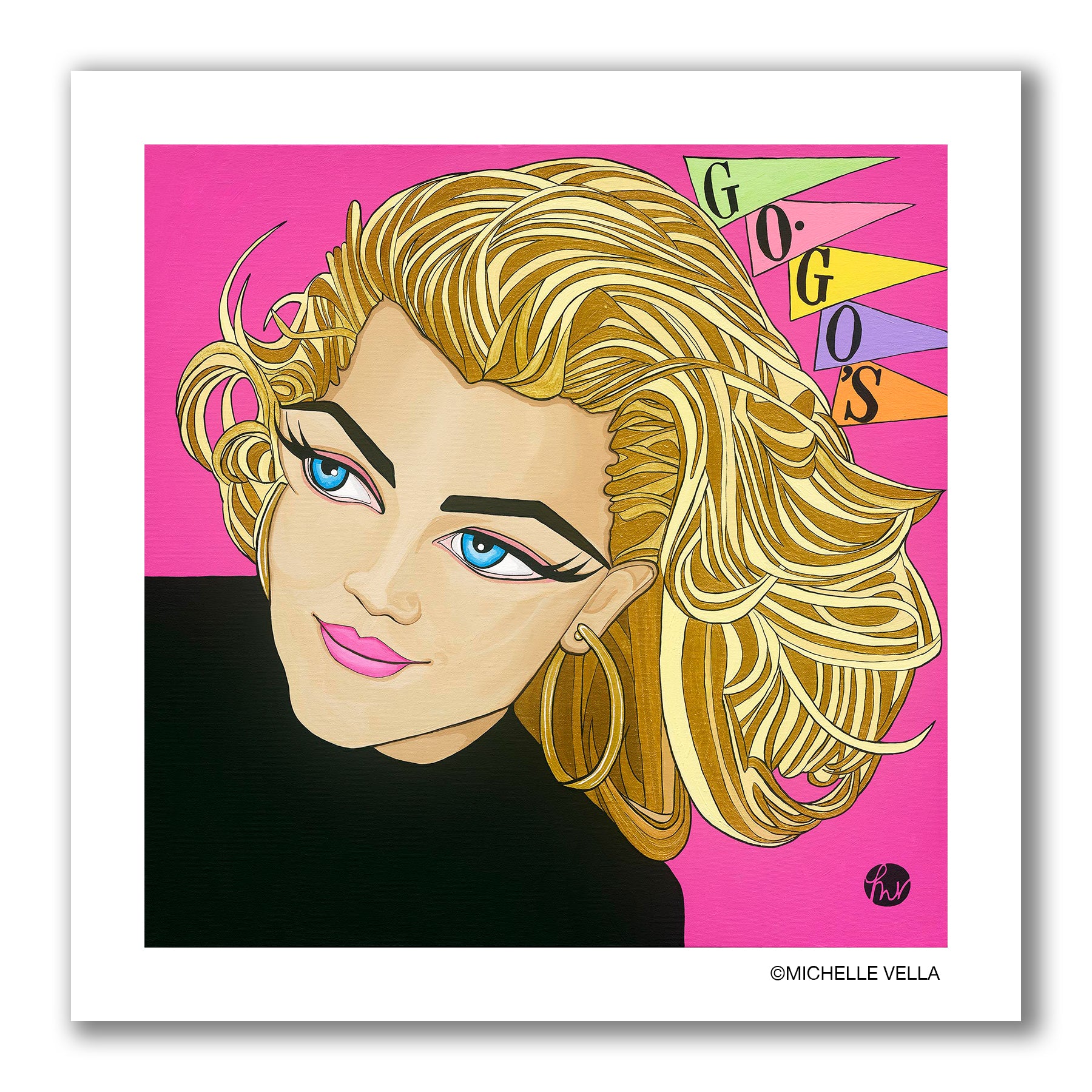 Pop art portrait painting of The GoGo's lead singer Belinda Carlisle with blue big eyes, pink lipstick, with golden hair on a hot pink background with the GO.GO's flag logo in the top right corner