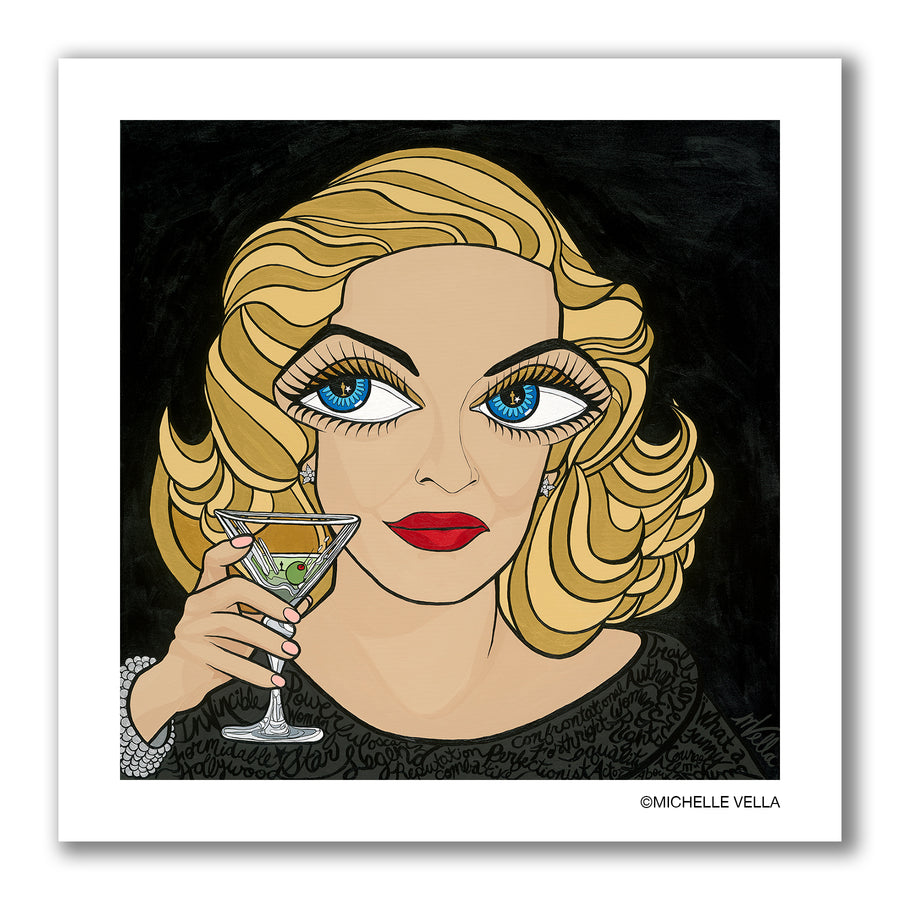 Pop art portrait painting of classic Hollywood actress Bette Davis “All About Eve” and Oscar winner with big blue eyes and long eye lashes, glancing sideways, with golden hair, wearing an off one shoulder black dress, holding a martini with two olives and one little Oscar statue in the martini and in each of her eye balls, on a black background