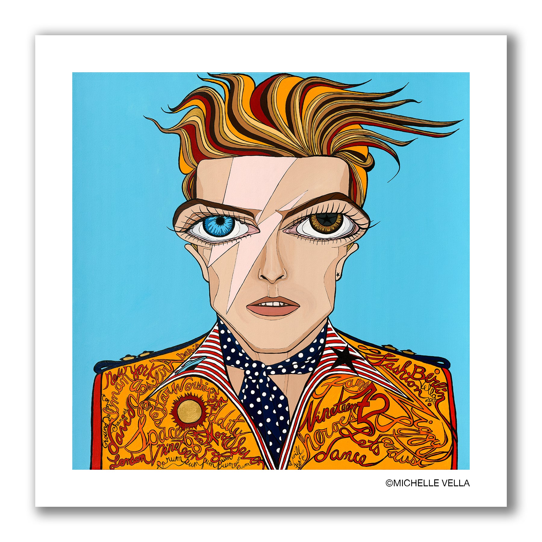 Pop art portrait painting of David Bowie with big eyes, one blue and the other brown, dressed as Major Tom wearing a scarf  and writing painted in his yellow jacket.