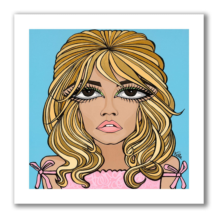 Brigitte Bardot pop art portrait painted with brown big eyes and big eye lashes golden blonde hair, pouty lips wearing a light pink bebe top on a blue background