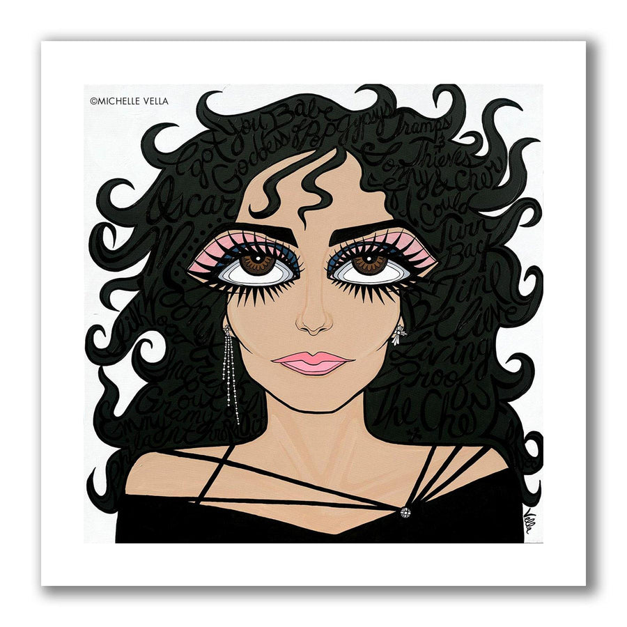 Pop art portrait painting of CHER painted with black medusa like hair and story telling descriptive words in written in her hair, with brown big eyes and long eye lashes and pink eye shadow with one long drop earring all in B&W