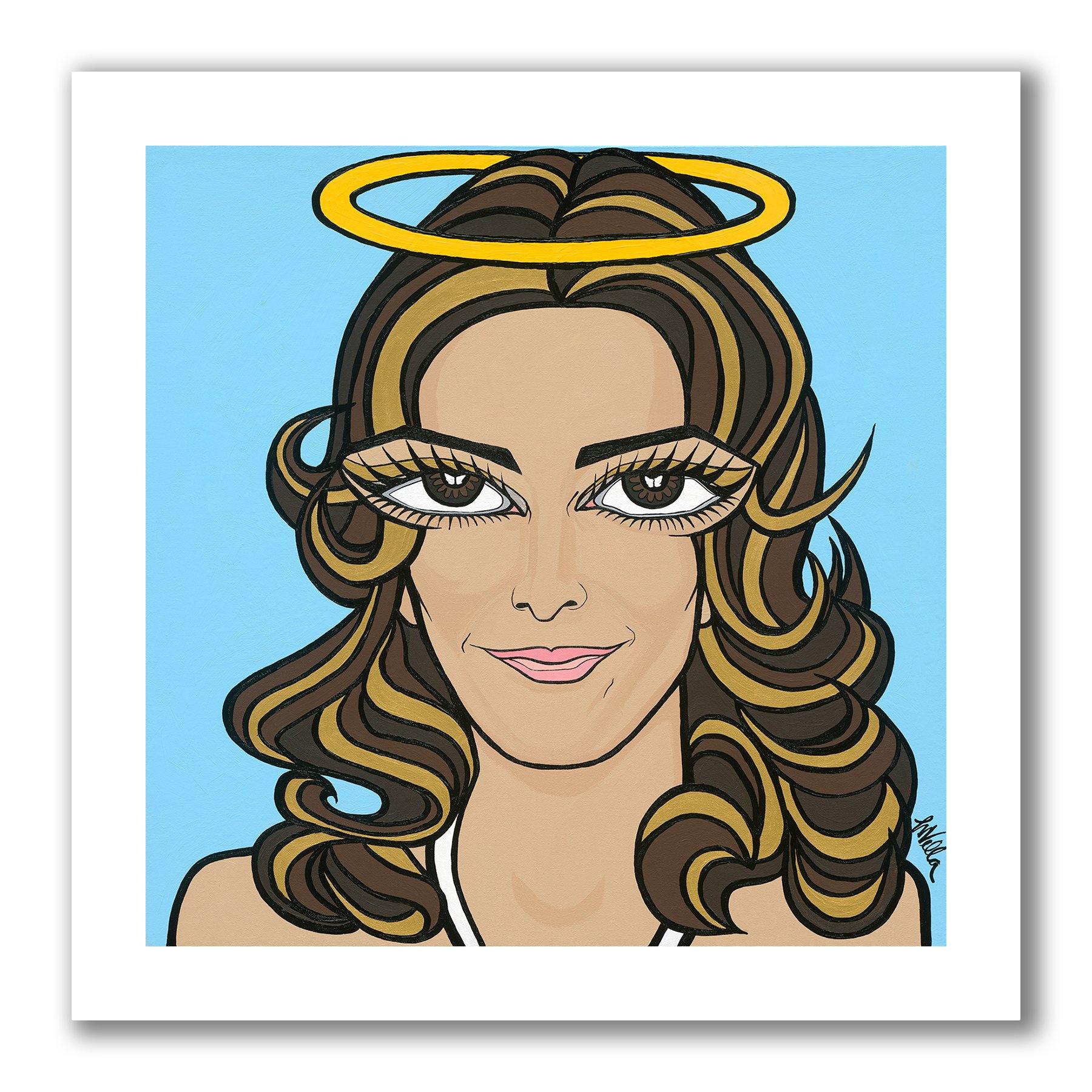 Pop art portrait painting portrait Charlie's Angels, Jaclyn Smith as Kelly, painted with brown big eyes, long brown and golden hair with a yellow halo above her head.