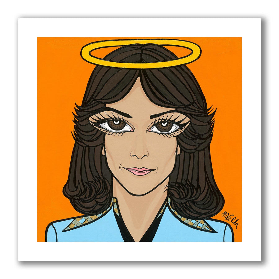 Pop art portrait painting of sporty Kate Jackson as Charlie’s Angel’s with big eyes and a halo above her head on an orange background