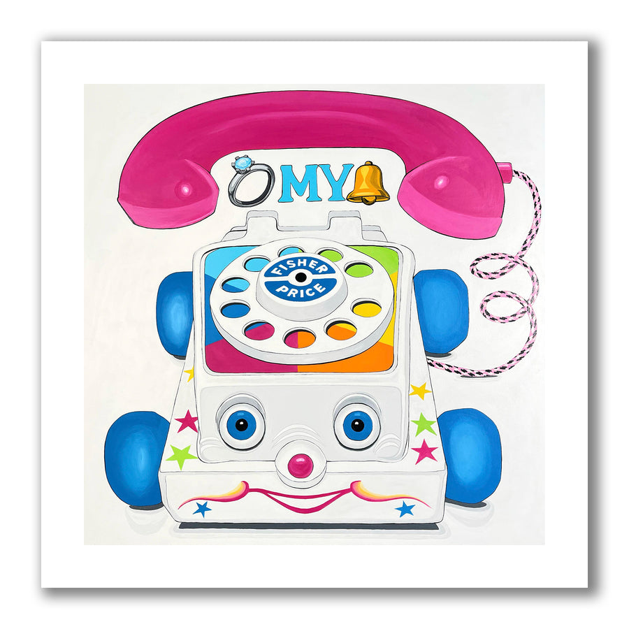 Pop art painting of Fisher Price Chatty Telephone, that has a face painted in bright colors, the telephone receiver ringing off the hook and emoji symbols if a ring, MY and a bell to say Ring My Bell