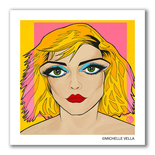 Pop art portrait painting of singer Deborah Harry of the band Blondie, painted with big eyes in an Andy Warhol style, yellow and pink colors with blue eyeshadow.