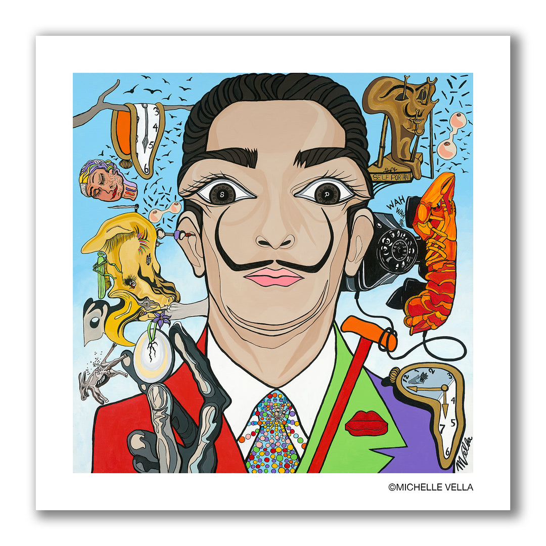 Pop art portrait painting of surrealist artist Salvador Dali with big eyes wide open, wearing a multicoloured suit jacket and surrealist symbols from Dali's artworks painted all around him like his lobster telephone and melting clocks.