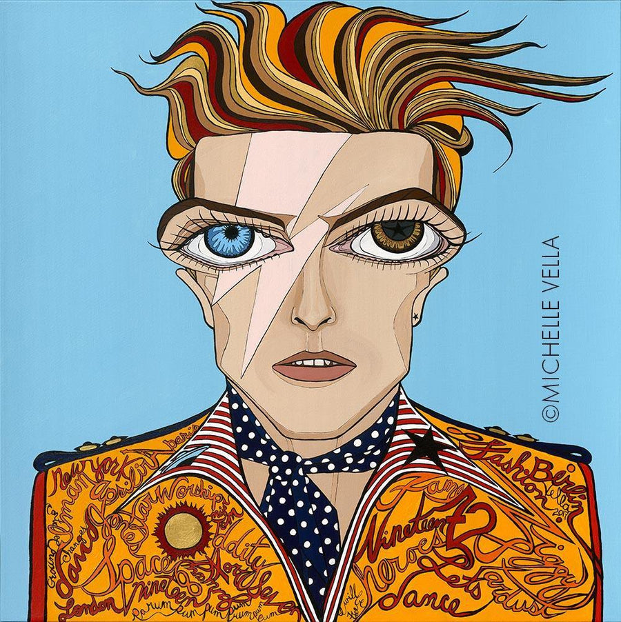 Pop art portrait painting of David Bowie with big eyes, one blue and the other brown, dressed as Major Tom wearing a scarf  and writing painted in his yellow jacket.