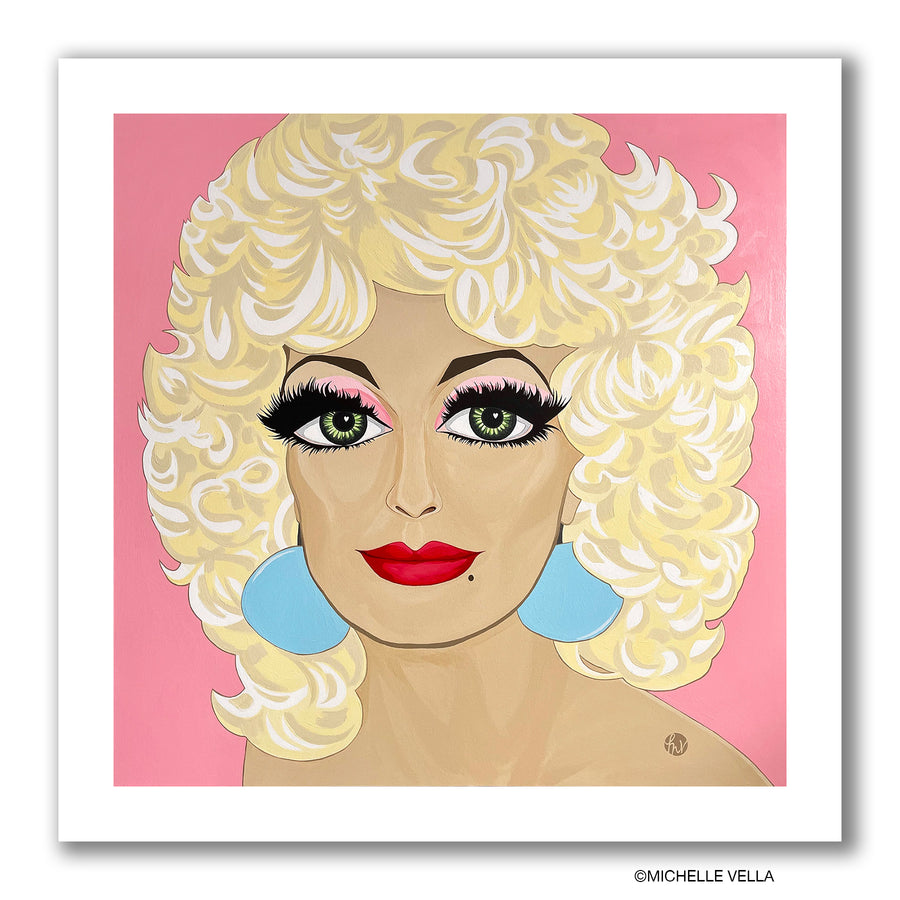Dolly Parton pop art portrait painting in ANDY WARHOL Style, Dolly has green big eyes and long eye lashes and pink eye shadow and red lips, light yellow hair and big blue round earrings on a light pink painted background