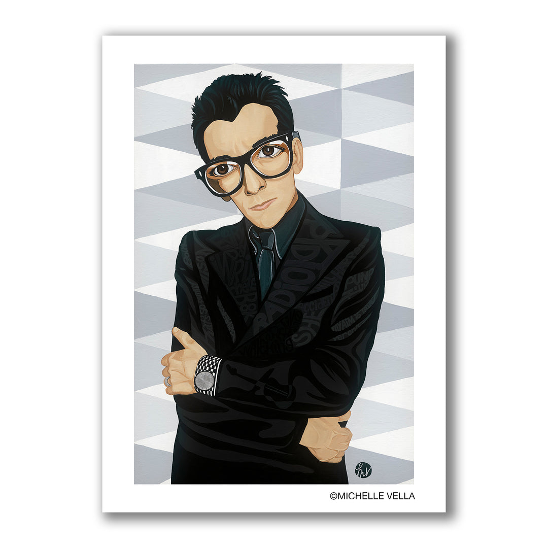 Popart portrait painting of musician Elvis Costello, with brown big eyes wearing black rimmed wayfarer Ray Ban sunglasses, a black suit jacket with song titles written in grey, his arms crossed, a watch on his left wrist all on a grey and white tiled triangle background