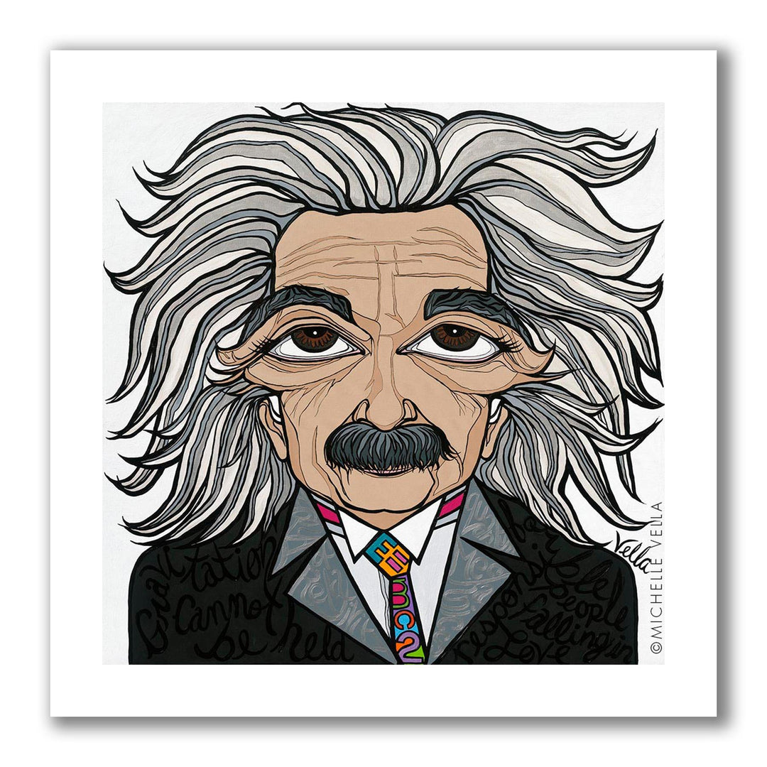 Pop art portrait painting and wall art print of genius physicist Albert Einstein with big eyes