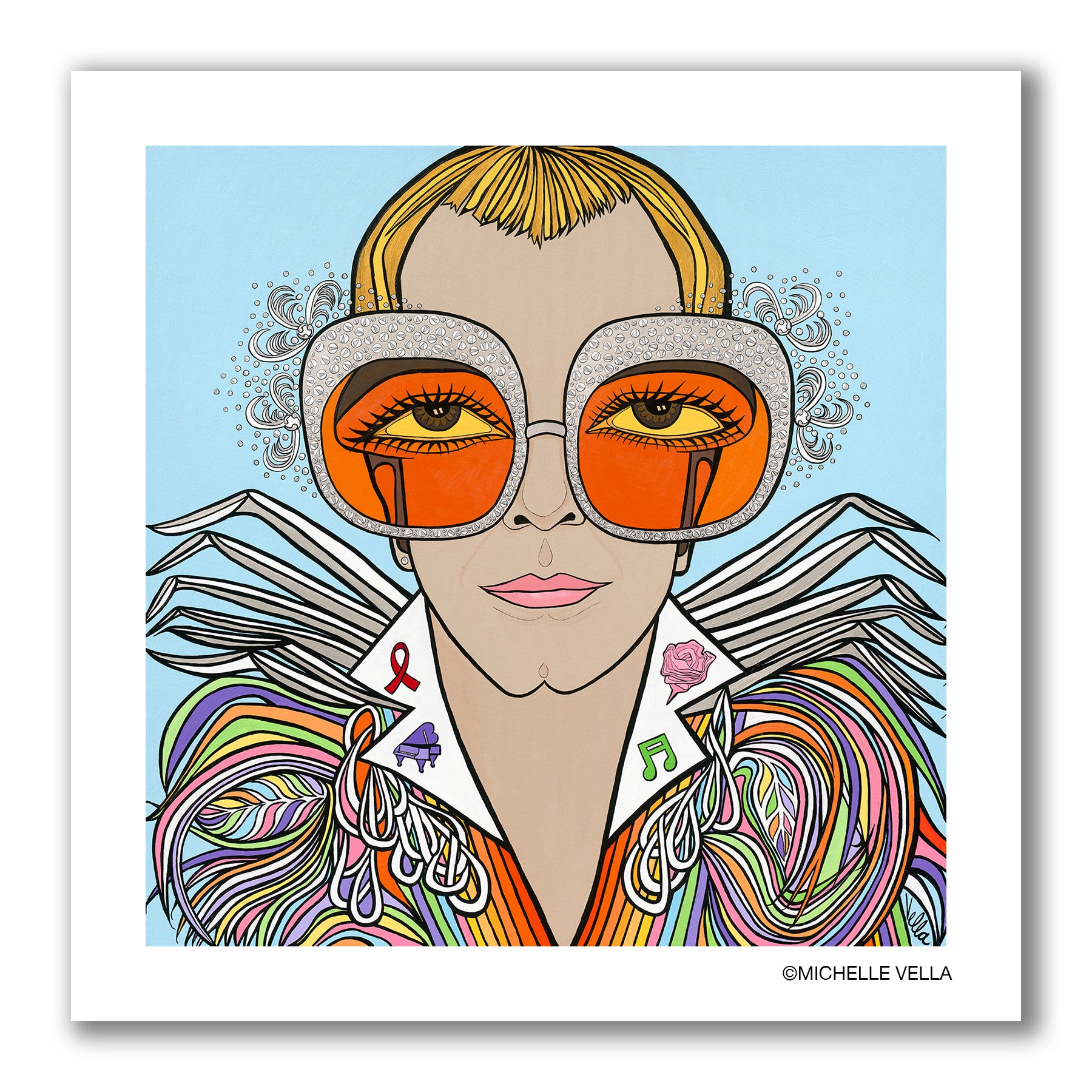 Pop art portrait of singer Elton John as Rocketman, with big eyes wearing large silver sequenced orange lens sunglasses with feathers fluttering about. His short golden yellow hair on this young Elton is dressed in an elaborate and colorful feathered outfit on a light blue background