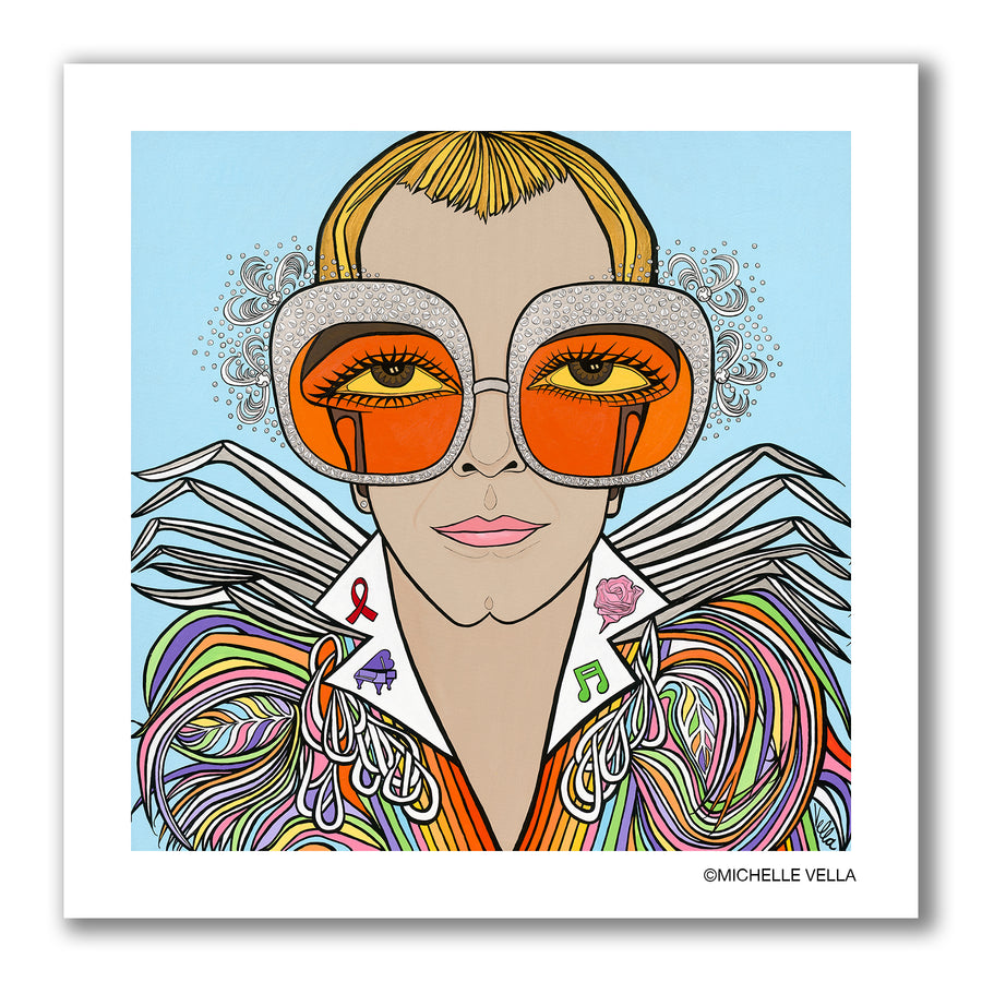Pop art portrait of singer Elton John as Rocketman, with big eyes wearing large silver sequenced orange lens sunglasses with feathers fluttering about. His short golden yellow hair on this young Elton is dressed in an elaborate and colorful feathered outfit on a light blue background