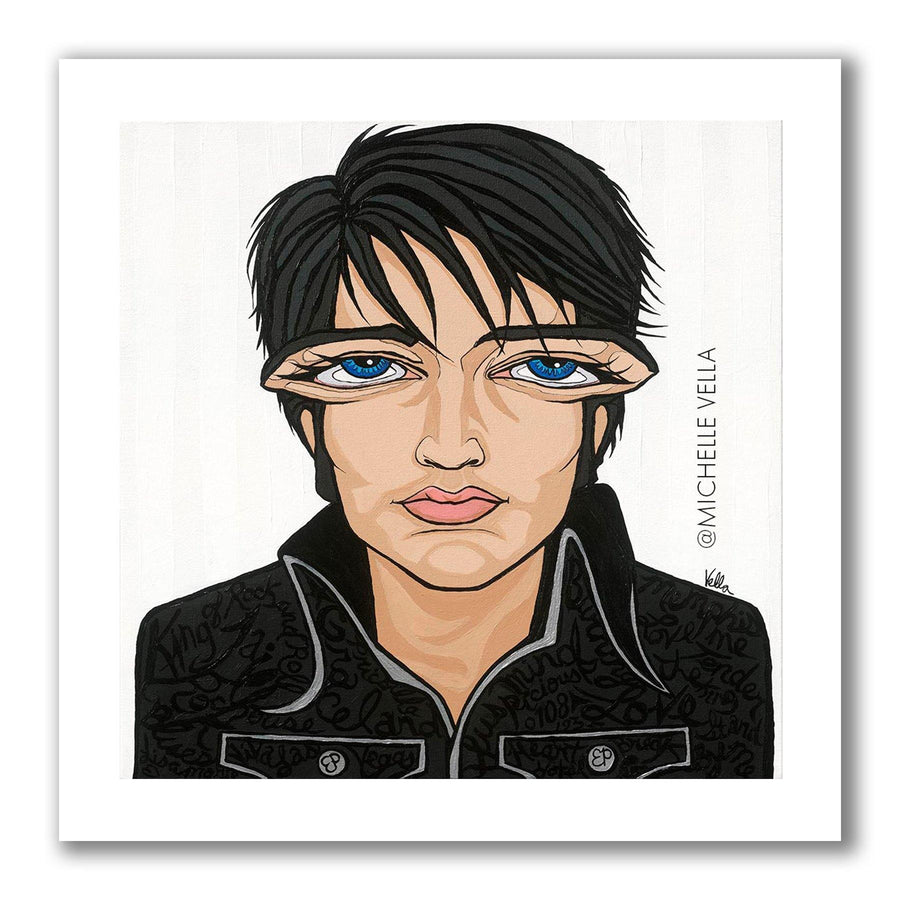Pop art painted portrait of The King, Elvis Presley with blue big eyes and black hair song titles written into his black shirt on a white background