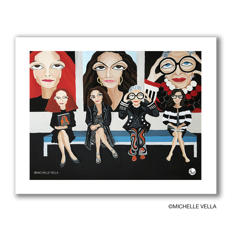 Eyes on Fashion, a self portrait of artist Michelle Vella sitting with fashion icons she's met Iris Apfel, Diane von Furstenberg and Grace Coddington with Vella's portraits behind them, a Limited Edition Print.