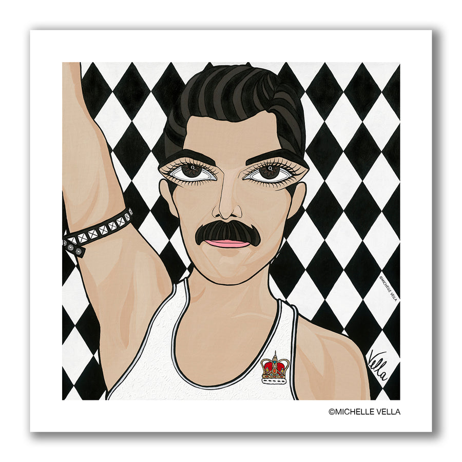 Pop art portrait painting of Queen's Freddie Mercury with big eyes and a black and white diamond harlequin background