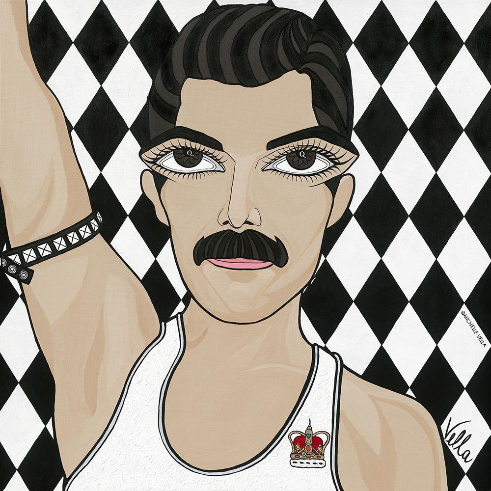 Pop art portrait painting of Queen's Freddie Mercury with big eyes and a black and white diamond harlequin background