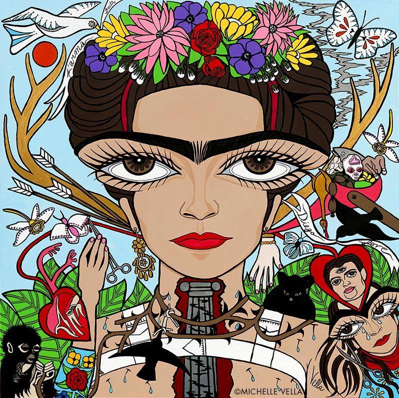 Pop art painted portrait of Frida Kahlo with brown big eyes, long eye lashes, her signature unibrow, flower bouquet in her hair, story telling biographical icons painted in the  background taken from her famous paintings