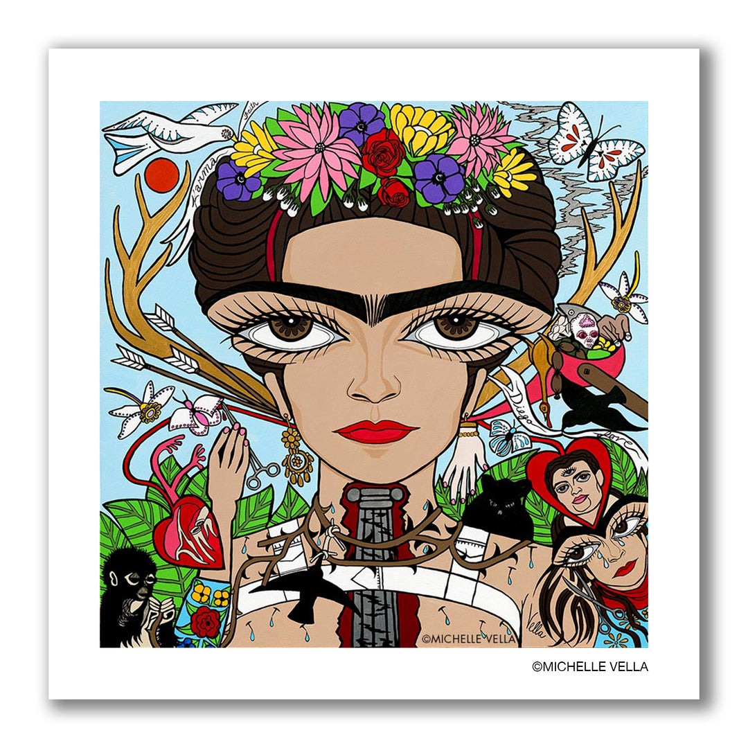 Pop art painted portrait of Frida Kahlo with brown big eyes, long eye lashes, her signature unibrow, flower bouquet in her hair, story telling biographical icons painted in the  background taken from her famous paintings