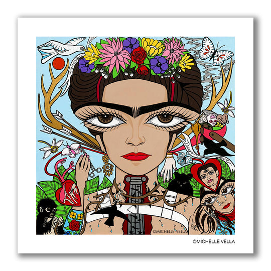 Pop art painted portrait of Frida Kahlo with brown big eyes, long eye lashes, her signature unibrow, flower bouquet in her hair, story telling biographical icons painted in the  background taken from her famous paintings