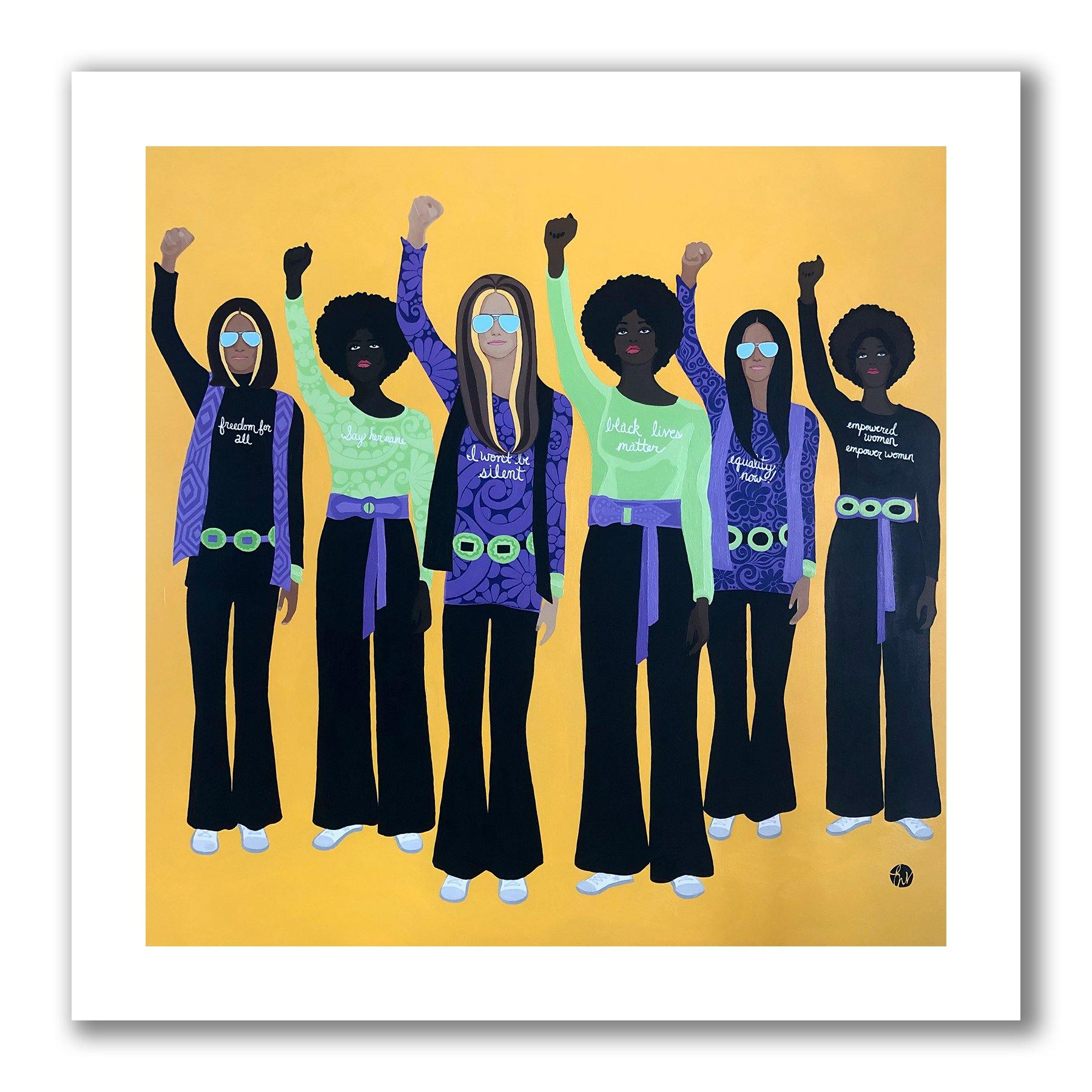 Give a Damn! a portrait painting of activists and feminists Gloria Steinem and Dorothy Pitman Hughes, 6 women standing with their right fists clenched as a symbol for women's equal rights