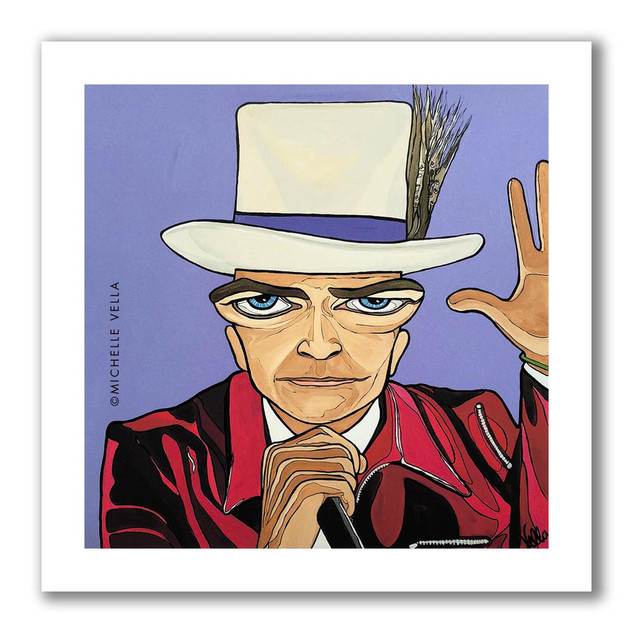 Pop art painted portrait of Gord Downie, The Tragically Hip, with blue big eyes, holding a microphone and his left hand up and open flat, wearing a red jacket and a white top hat with indigenous feathers