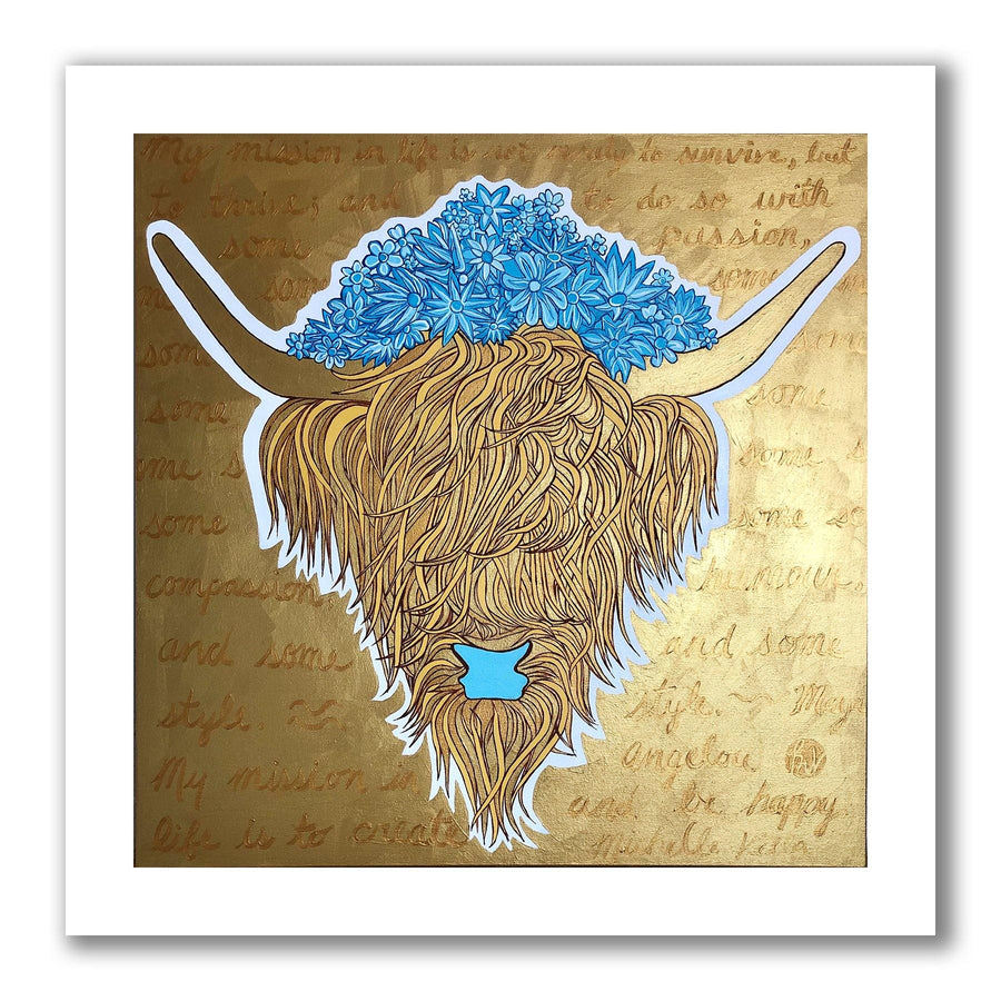 Pop art portrait painting of Blondie a Highland Cow painted with golden locks of hair, a bouquet of blue flowers on her head in between her golden horns with a Tiffany blue snout all on a metallic gold background with a mission poem written in darker gold