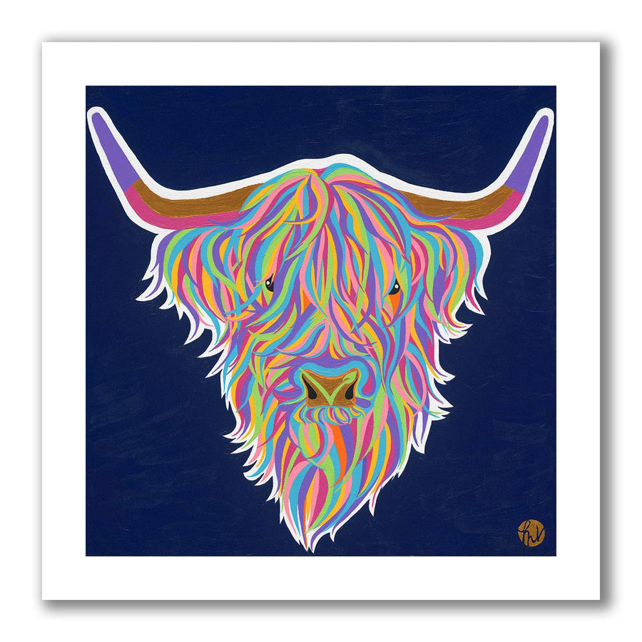 Gracie, a colorful portrait of a Highland Cow in pinks, purples, yellow and green, all on a dark blue background