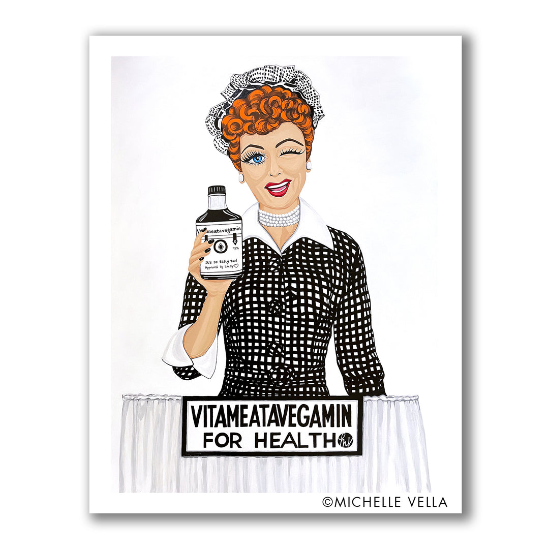 Pop art portrait painting of comedian I Love Lucy in a Vitameatavegamin television commercial holding a bottle of vitameatavegamin with one winking blue big eye wearing a black and white checked dress with white lapels and pearl necklace standing behind a table with a sign that says Vitameatavegamin for Health 