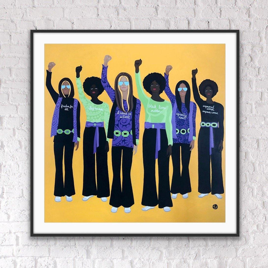 Give a Damn! a portrait painting of activists and feminists Gloria Steinem and Dorothy Pitman Hughes, 6 women standing with their right fists clenched as a symbol for women's equal rights