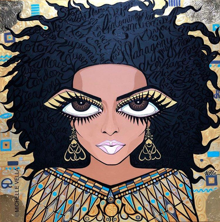 Pop art portrait painting of diva Diana Ross with brown big eyes and long black lashes and gold eyeshadow, wavy medusa like black hair, wearing long drop gold earrings and a Egyptian pattern gold top on a klimpt influenced patterned background in gold. 
