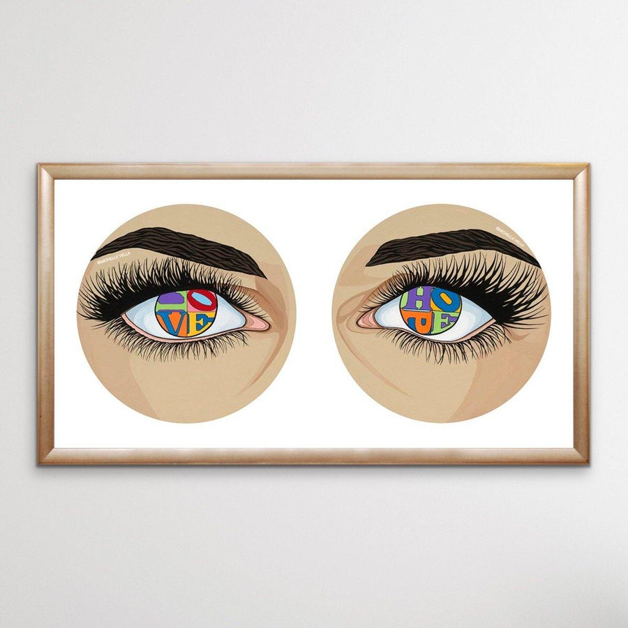 Eyes of Hope and Love is a wall art print of two eyes with the words Hope & Love written in the eyeballs in the style of Robert Indiana's LOVE, a pop art painting in color.