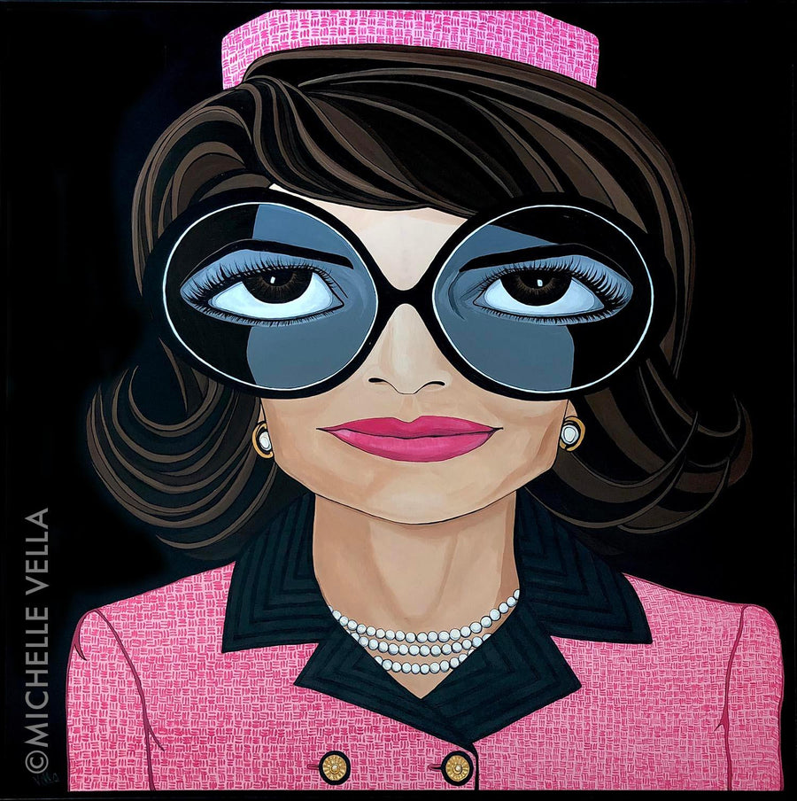 Portrait painting and art print of Jackie Kennedy with brown big eyes wearing big round black sunglasses with hot pink lips, wearing a pearl necklace and earrings and a pink Chanel suit  and Chanel Pillbox hat on a black painted background