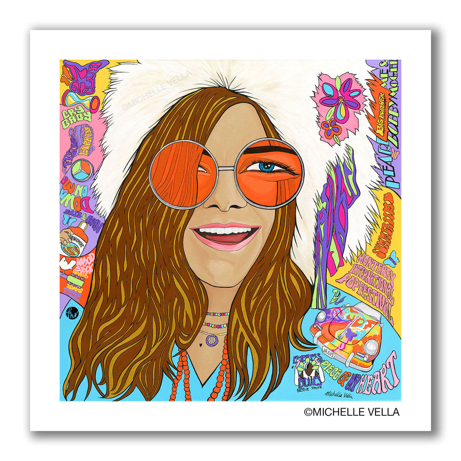 Colorful Pop art portrait painting of 60s 70s psychedelic blues and rock and roll singer Janis Joplin wearing a white faux fur hat, big blue eyes in big round orange tinted sunglasses and colorful bead necklaces plus written words of her popular songs in the background 