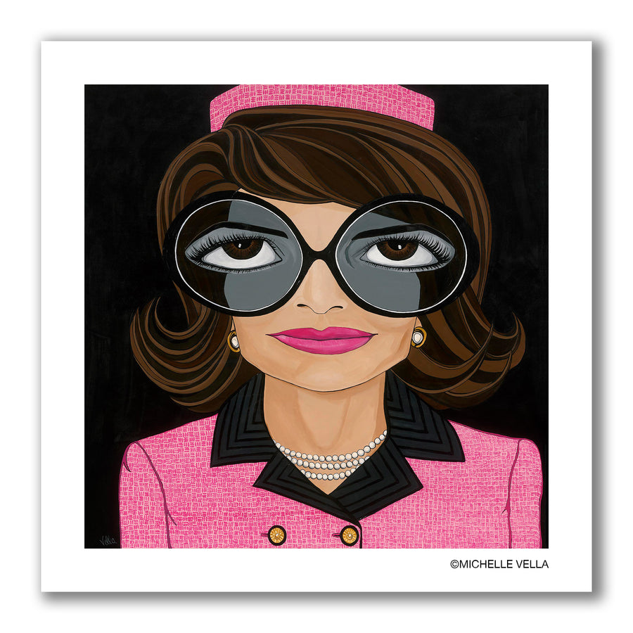 Portrait painting and art print of Jackie Kennedy with brown big eyes wearing big round black sunglasses with hot pink lips, wearing a pearl necklace and earrings and a pink Chanel suit  and Chanel Pillbox hat on a black painted background