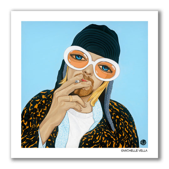 Pop art portrait painting print of Nirvana's grunge singer Kurt Cobain with big blue eyes wearing white oval sunglasses with orange tinted lenses, smoking a cigarette, wearing a winter cap and leopard print coat on a blue background