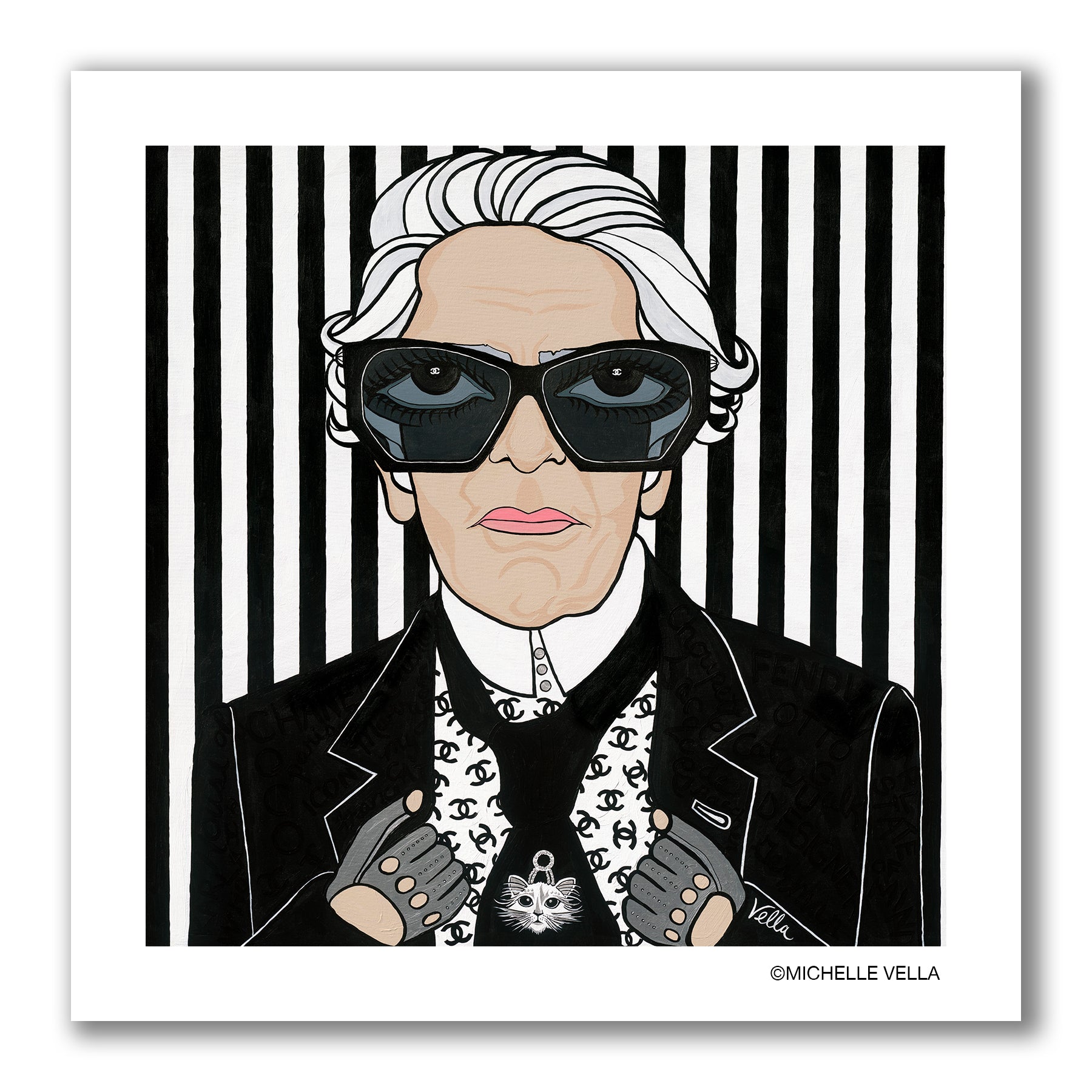 Pop art portrait painting of fashion designer Karl Lagerfeld with big eyes in black sunglasses, wearing a black tuxedo with Chanel logo and black tie with his cat broach on a black and white striped background 