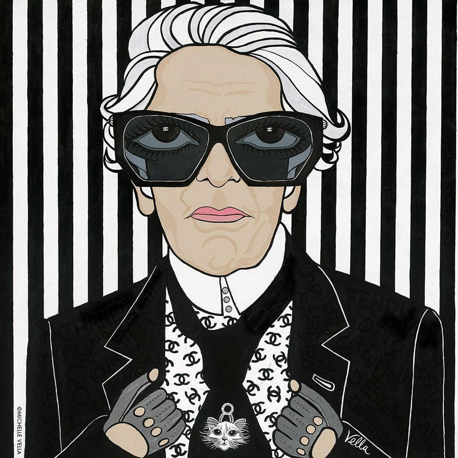 Pop art portrait painting of fashion designer Karl Lagerfeld with big eyes in black sunglasses, wearing a black tuxedo with Chanel logo and black tie with his cat broach on a black and white striped background 