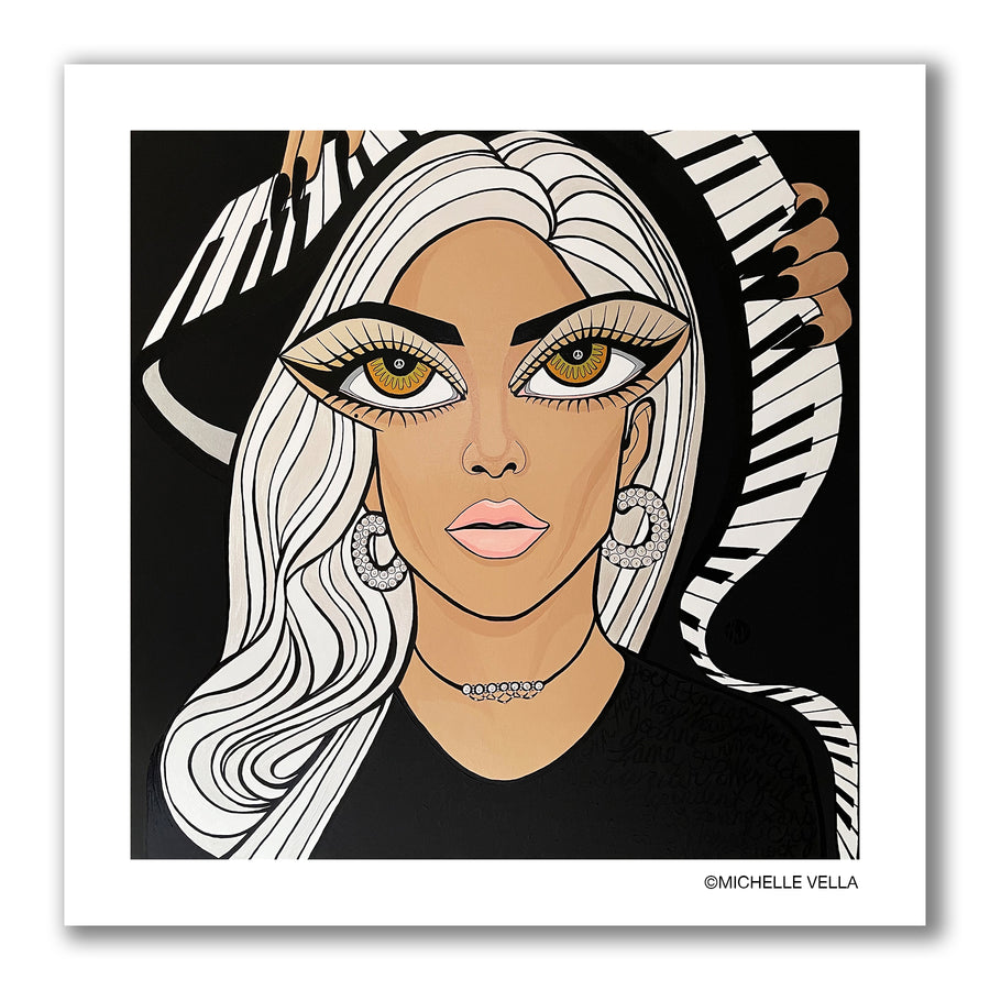 Pop art portrait painting of singer, songwriter and actor Lady Gaga with big eyes, in silver hair and piano keys in the background all in black and white  
