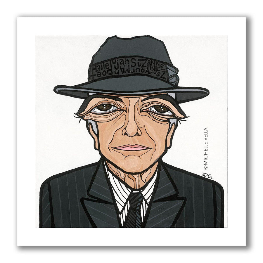Pop art portrait painting of Leonard Cohen with big eyes, wearing a fedora hat with song titles written on the hat, painted in grey, black and white