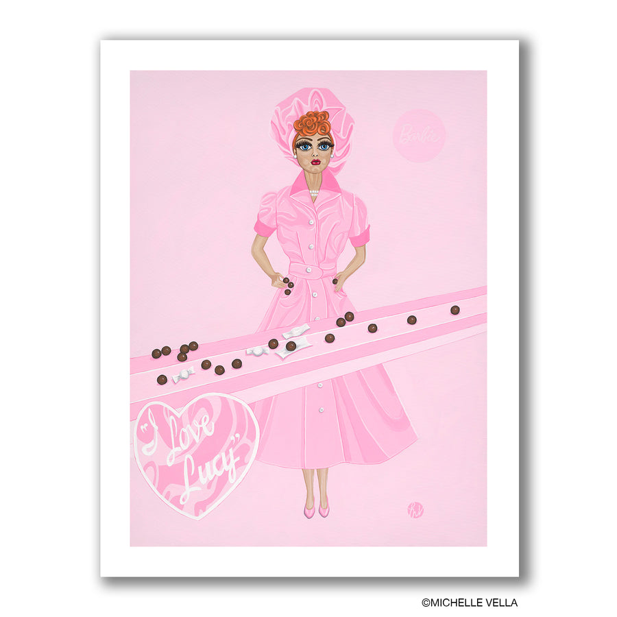 Pop art portrait painting of I Love Lucy at the Chocolate Factory painted in 3 tones of pink, Lucy wearing a pink uniform with a pink chefs hat and pink shoes, eating chocolates as they run off the conveyor belt, and a big pink heart in the bottom left corner with the I Love Lucy written in the heart.