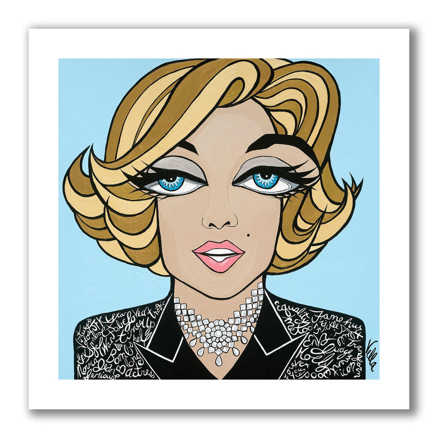 Pop art portrait painting of Marilyn Monroe with big eyes, wearing a black tuxedo on a blue background