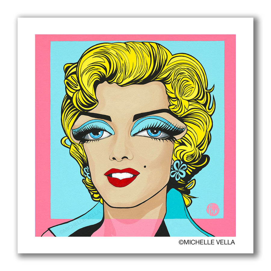 portrait painting of Marilyn Monroe depicted after Andy Warhol's famous painting of her. She has yellow hair, blue eyeshadow and red lips on a blue and pink background