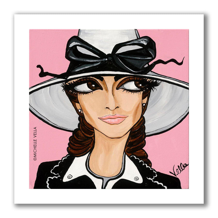 Pop art portrait painting of a pretty lady glancing sideways with her big brown eyes, wearing a white hat with a black bow with a pink painted background