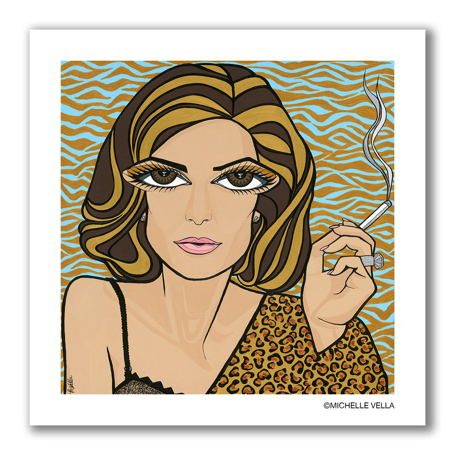 Pop art portrait painting of The Graduate's Mrs. Robinson played by Ann Bancroft portrayed seductively holding a cigarette, wearing lingerie and leopard print shawl, painted in metallic gold colors with a animal print background in blue and gold