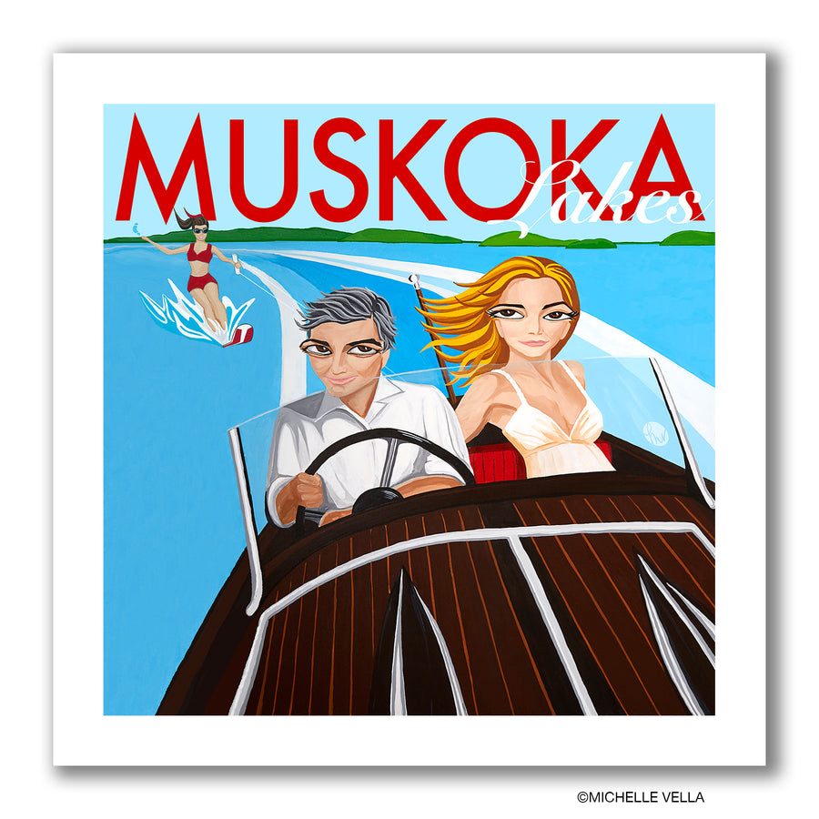 Pop art painting of a couple driving a wooden classic boat with the words Muskoka Lakes written on top
