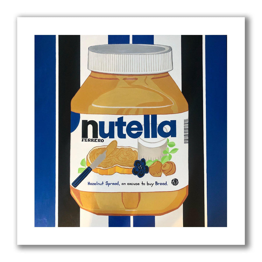 Pop art realist painting and art print of a jar of Nutella in blue writing, and gold coloured chocolate jar on a white, blue and black striped background