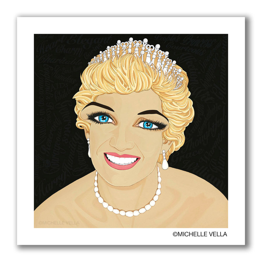 Pop art portrait painting of Princess Diana smiling with her big blue eyes, wearing a tiara and pearl earrings and necklace. Painted words describing Diana are in grey on a black background 