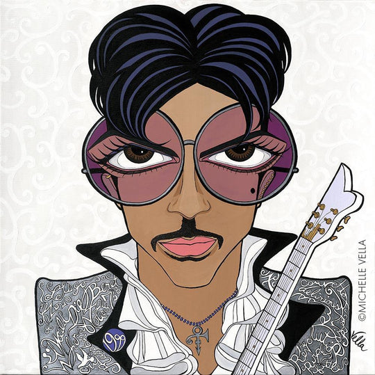 Pop art portrait painting of The Artist formerly known as Prince with brown big eyes wearing big round sunglasses with a purple lens, black and purple hair, a black moustache, holding his guitar wearing a silver jacket with white and black writing of song titles and a white frilly shirt.
