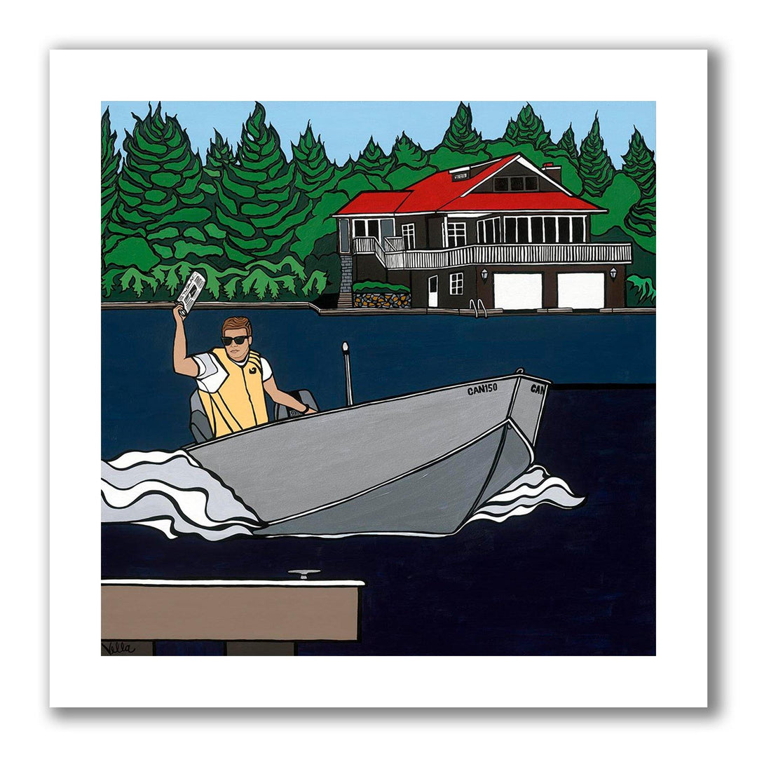 Pop art painting of a boy delivering newspapers by boat to a lake house and cottages