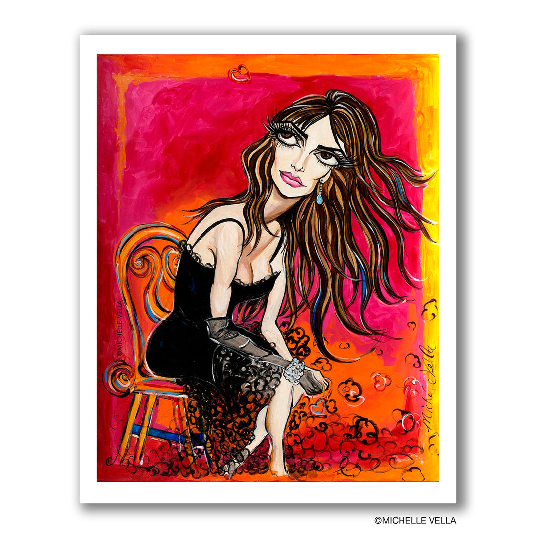 portrait painting of Penelope Cruz with big eyes and long flowing brown hair, wearing a black dress on a hot pink red painted background